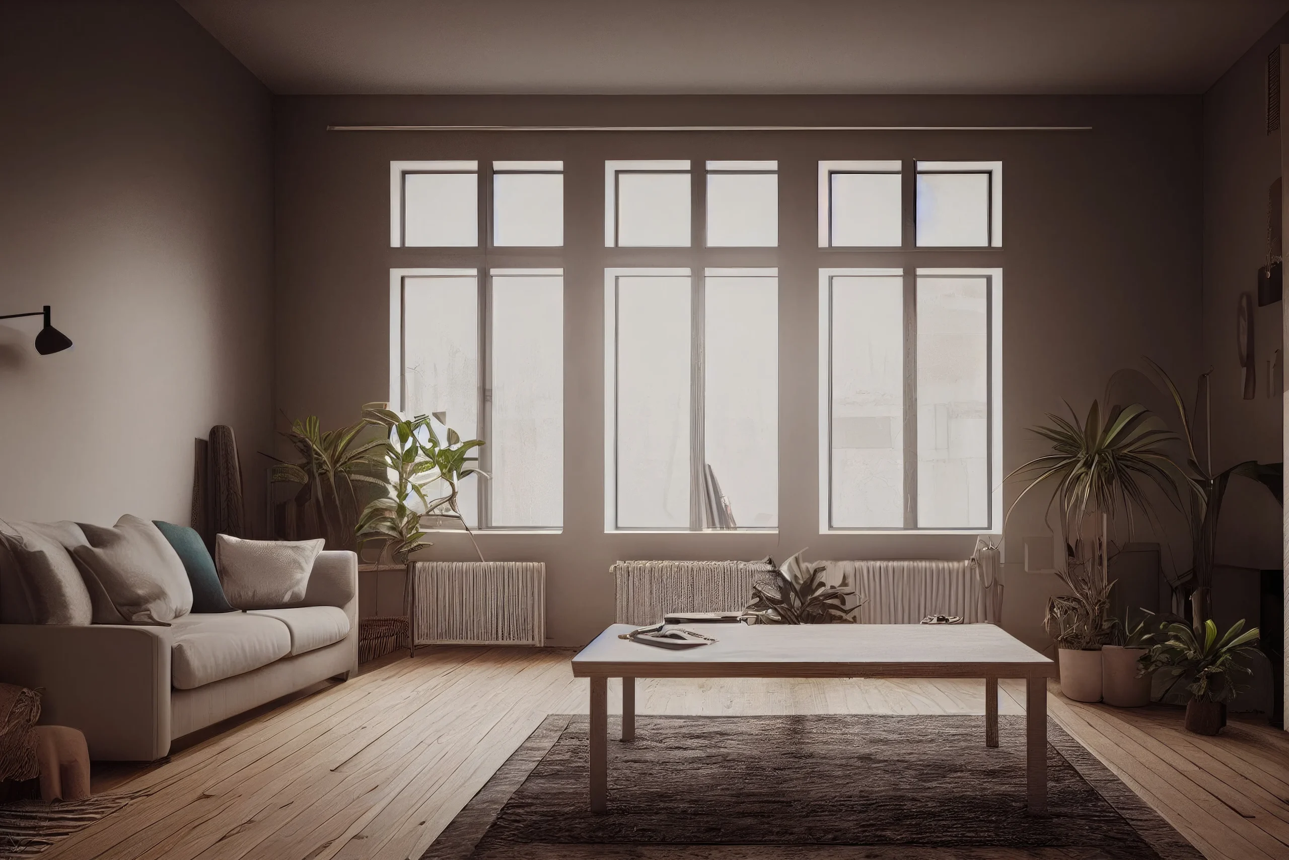 A cozy living room with large windows, expertly installed by a professional contractor, allowing soft natural light. The room features a beige sofa, a wooden coffee table, and various potted plants. A textured rug covers the wooden floor, complementing the serene, minimalist decor.